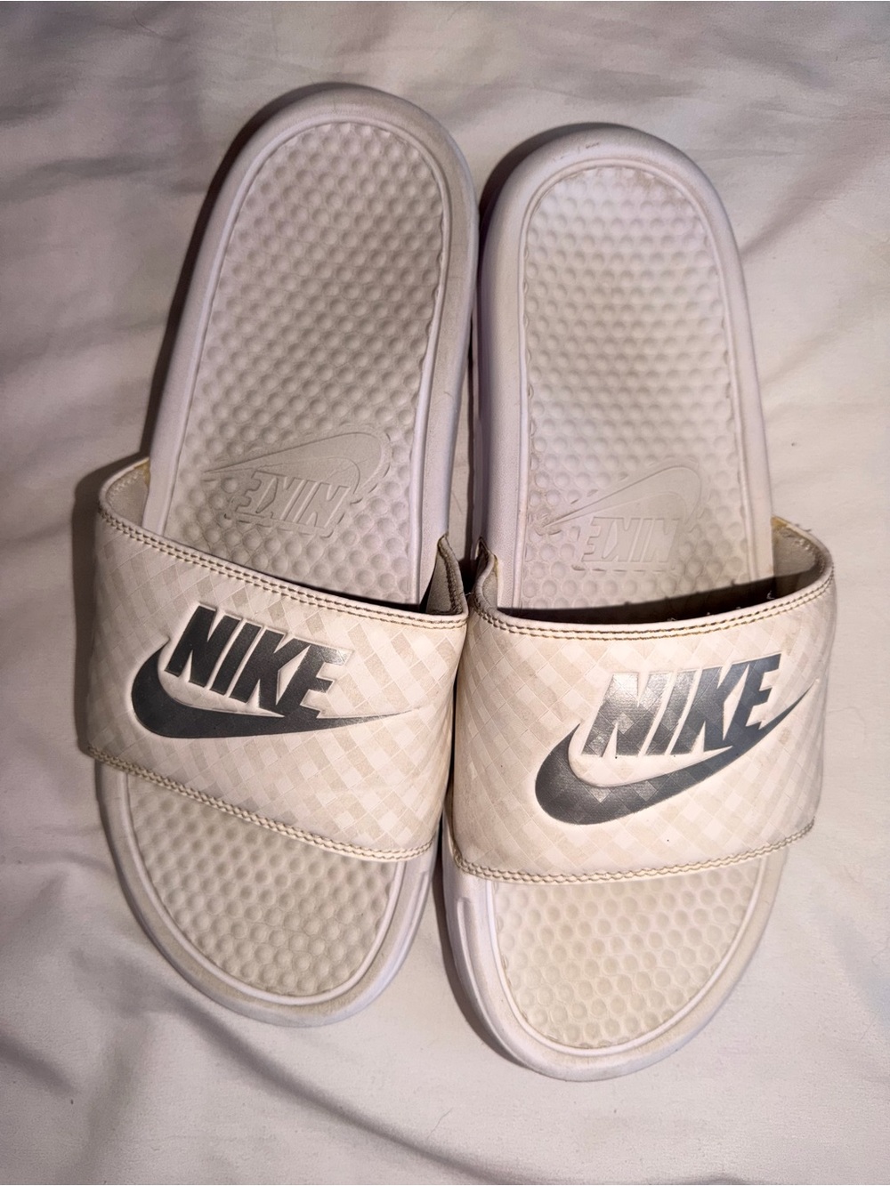 Nike White Slides with Silver Swoosh